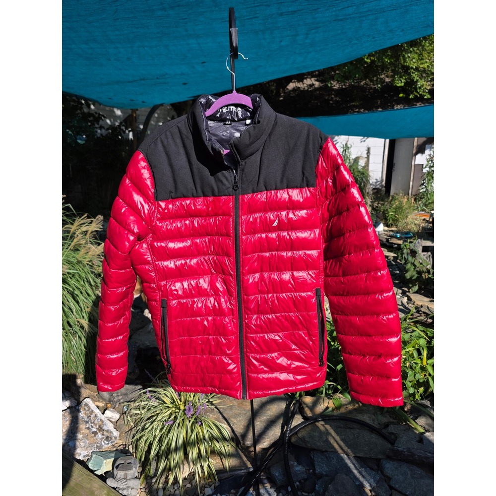 Nautica Mens XL Red Black Puffer Jacket Lightweight Quilted Full Zip Coat